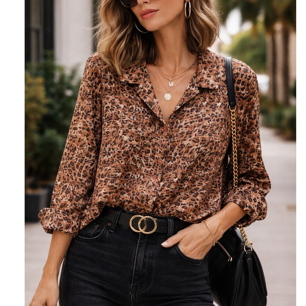 Patchington Vintage Leopard Print Button Down Blouse Brown Black L